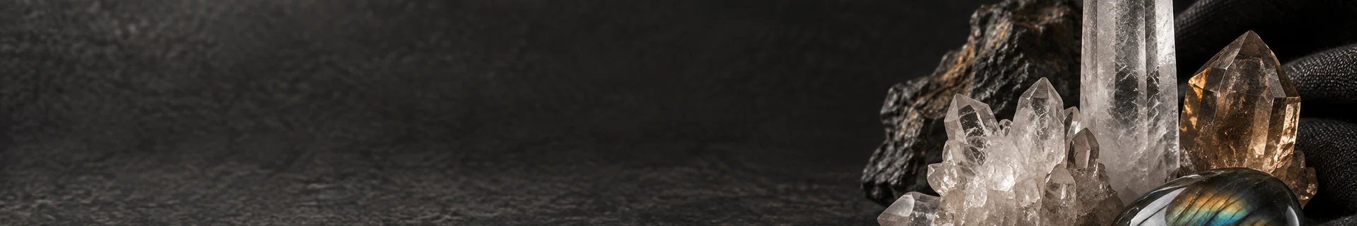 Editorial still life of raw mineral edges, translucent crystal, and polished stone on a dark slab