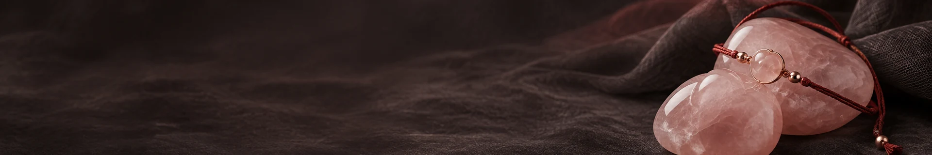 Editorial still life of two rose-toned stone forms and a restrained red thread on dark stone