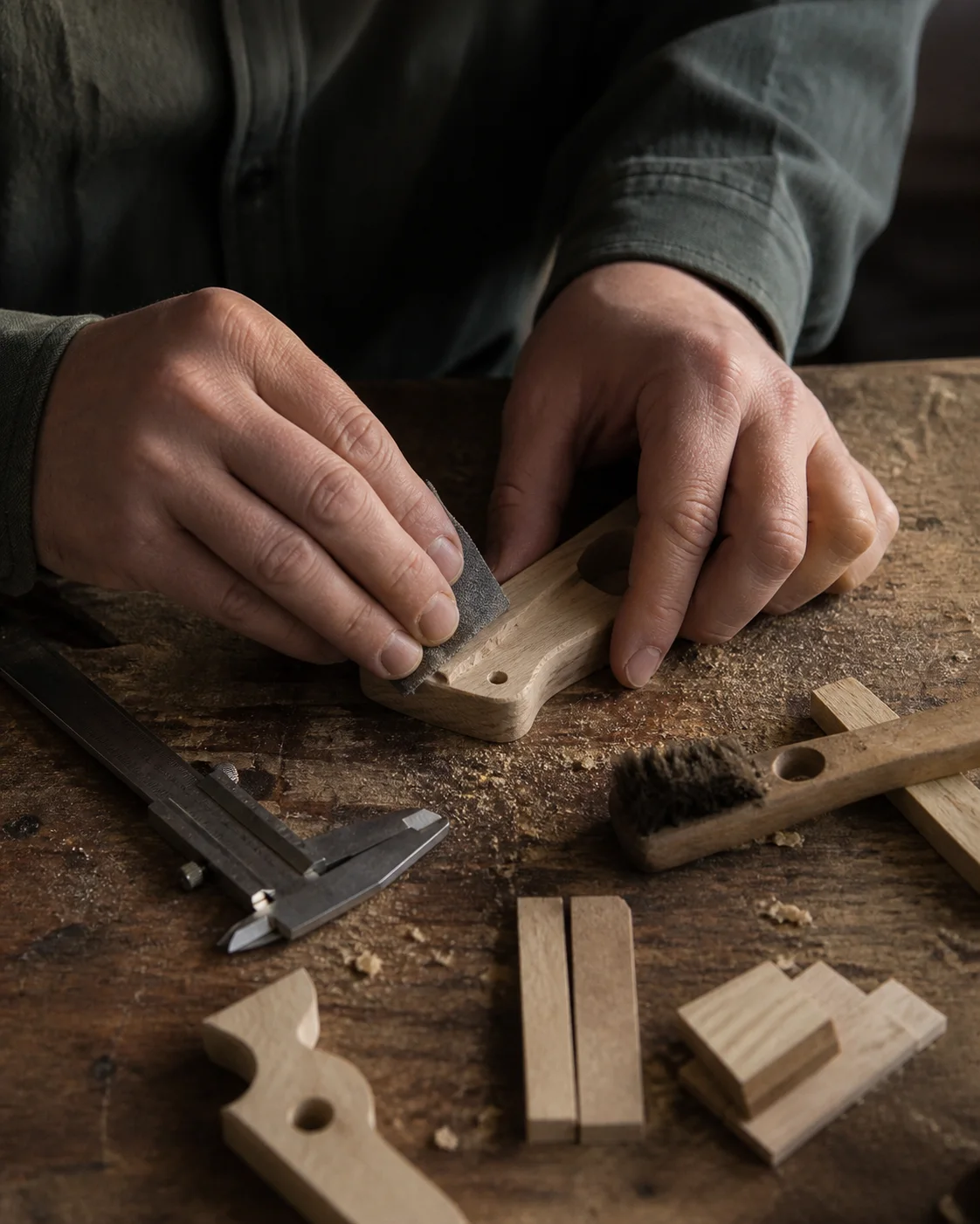 Hands sanding a small wooden component beside paper, tools, and warm workshop light