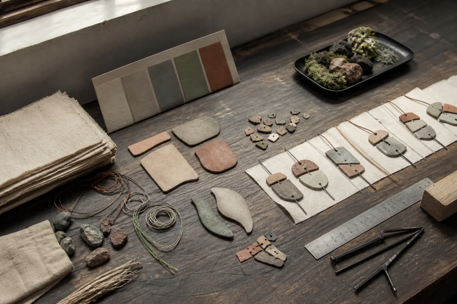 A workshop bench showing tools, calipers, shavings, and unfinished forms at different stages