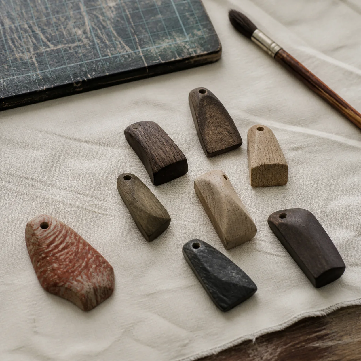 Unfinished wood and stone components arranged on a cloth beside a simple measuring tool
