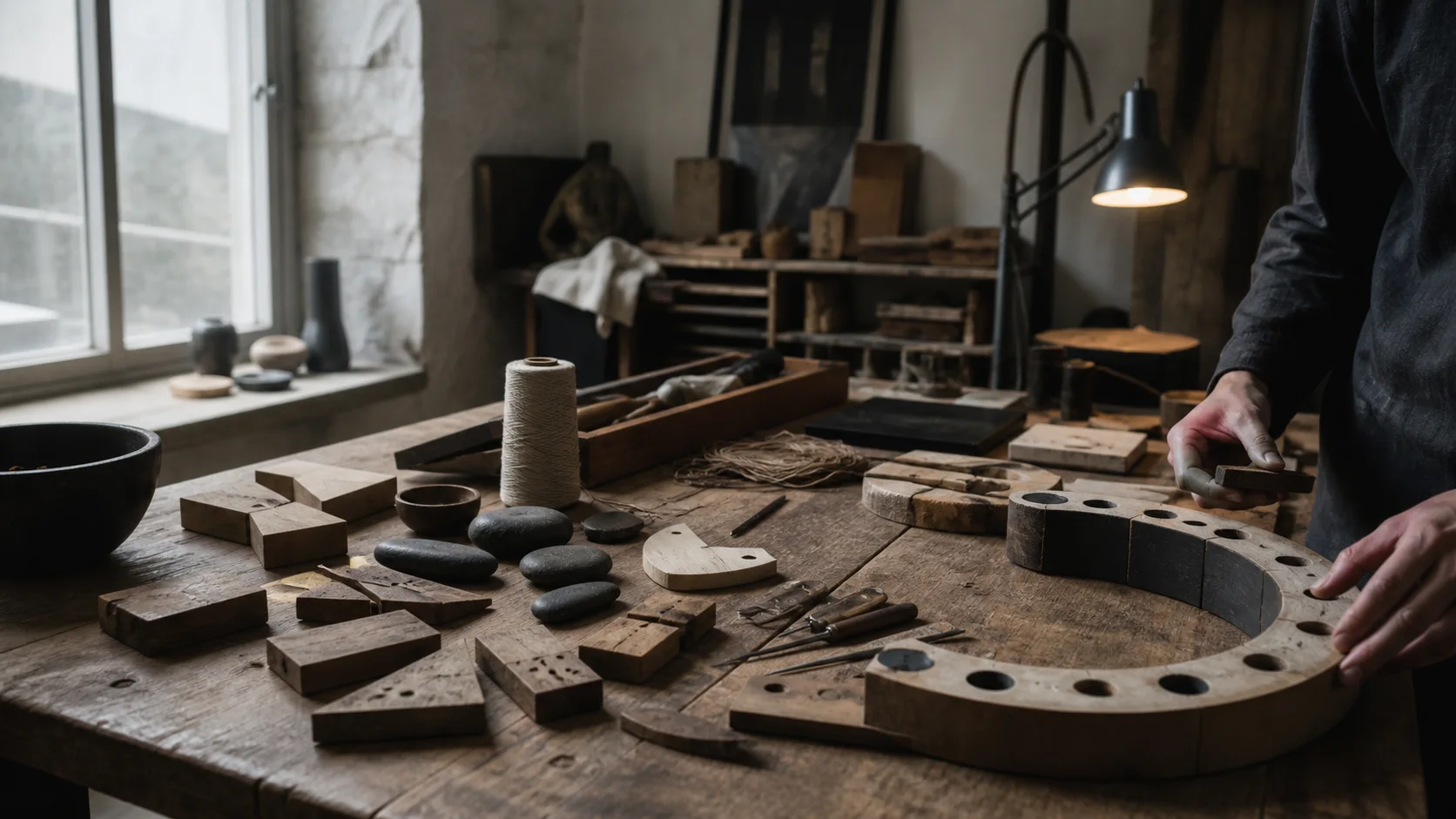 A rural craft workshop with unfinished natural materials, hand tools, and a maker at the edge of the worktable