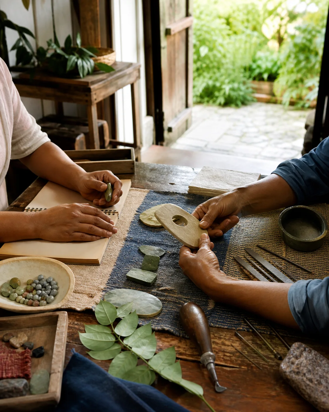 Two people sharing a careful material process across a worktable in a rural workshop