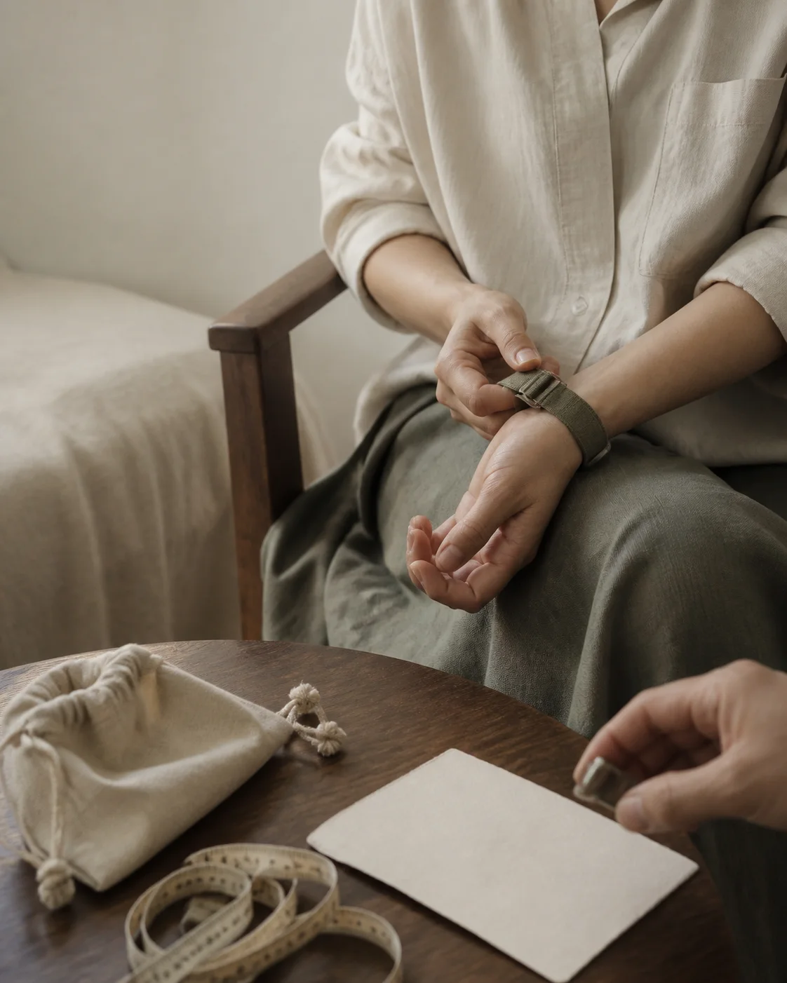 Two people checking a small fit detail with a measuring tape beside a pouch and blank card