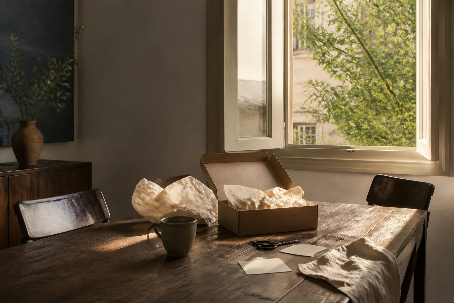 An open box and blank note arranged on a wooden table beside a sunlit window