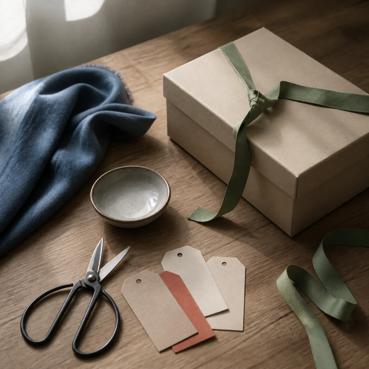 A ribbon, blank tags, scissors, and an open package arranged on a quiet table