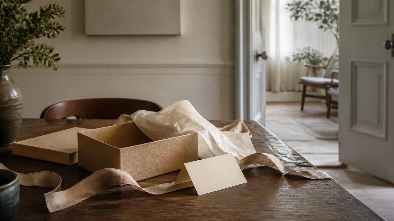 A simple wrapped box, blank card, and open doorway on a warm wooden table