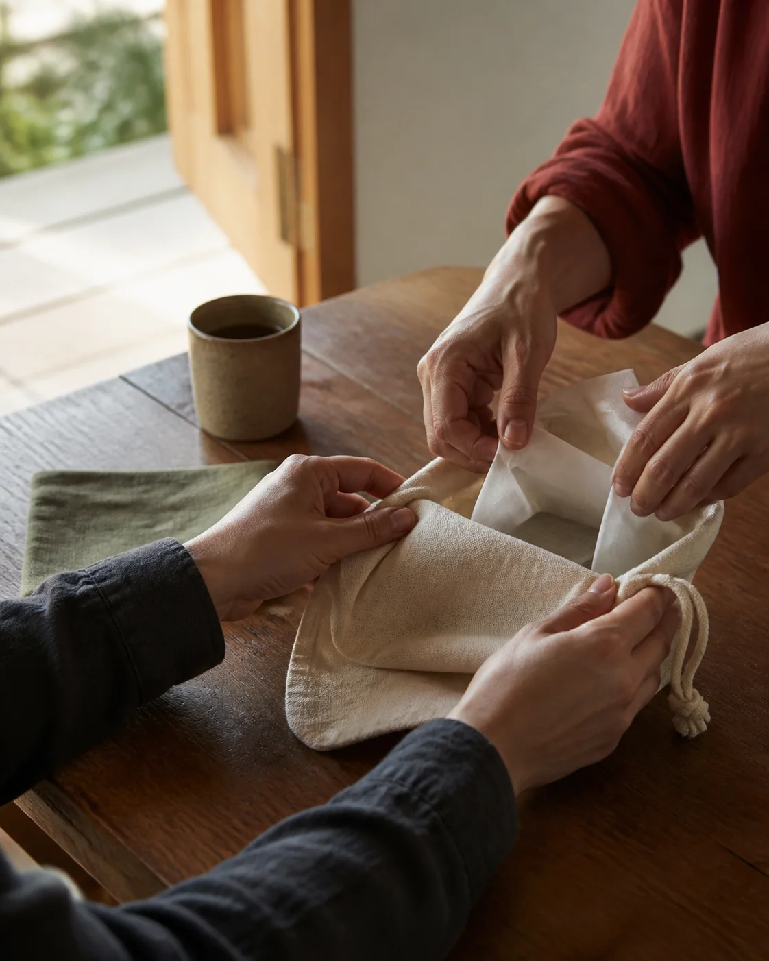 Two people folding a small cloth pouch and blank note together at a wooden table