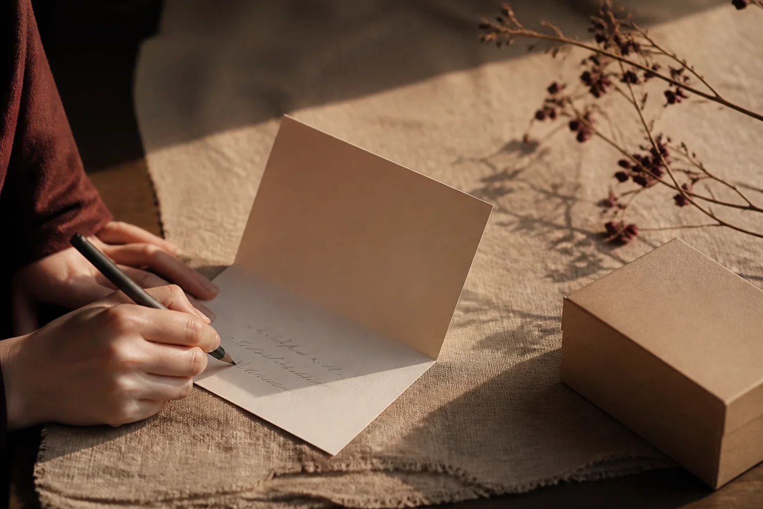 An anonymous hand writing an indistinct note beside a plain gift box and dried branch