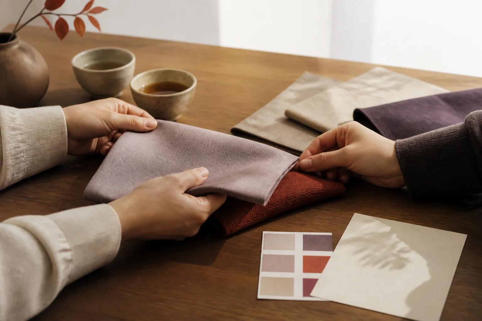 Two anonymous hands comparing fabric swatches and a small colour card beside a blank note