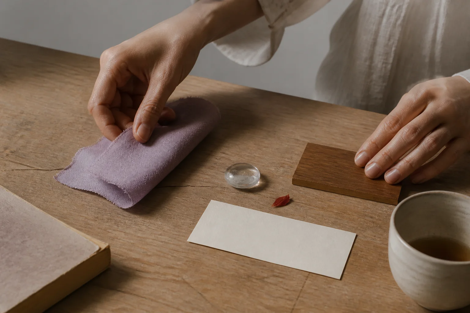 Two hands arranging lavender fabric, a clear glass pebble, a warm wood sample, and a blank card on a table