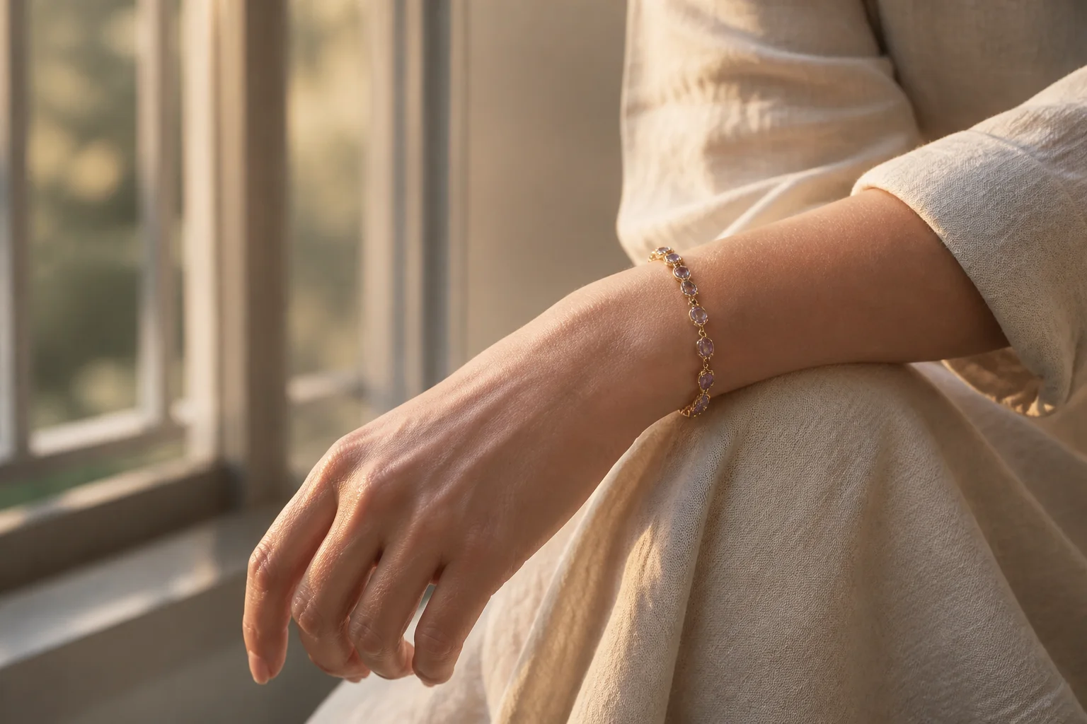 A person wearing a violet-toned bracelet with a soft neutral outfit in gentle window light
