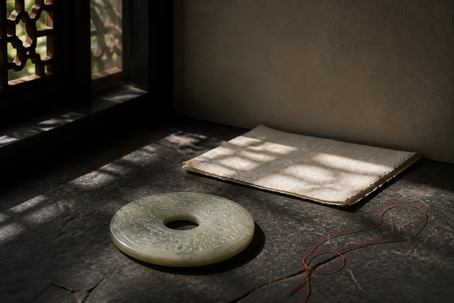 A carved jade disc resting on handmade paper beside a fine vermilion thread