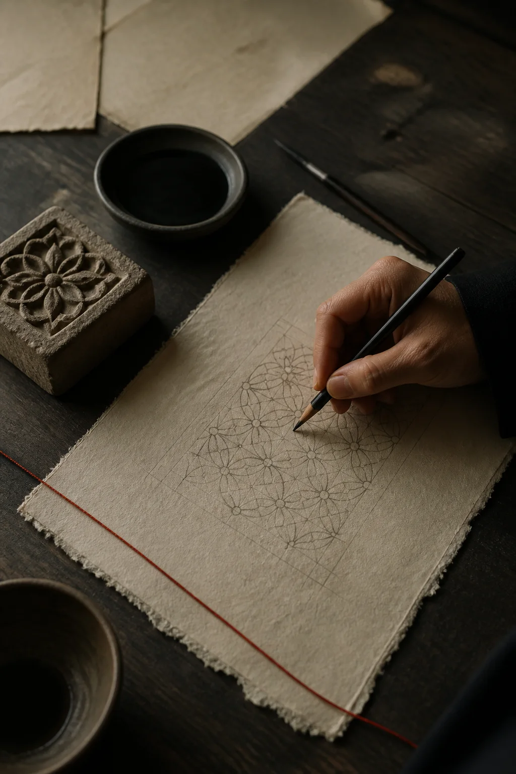 An anonymous hand sketching a geometric motif on handmade paper beside a carved stone block
