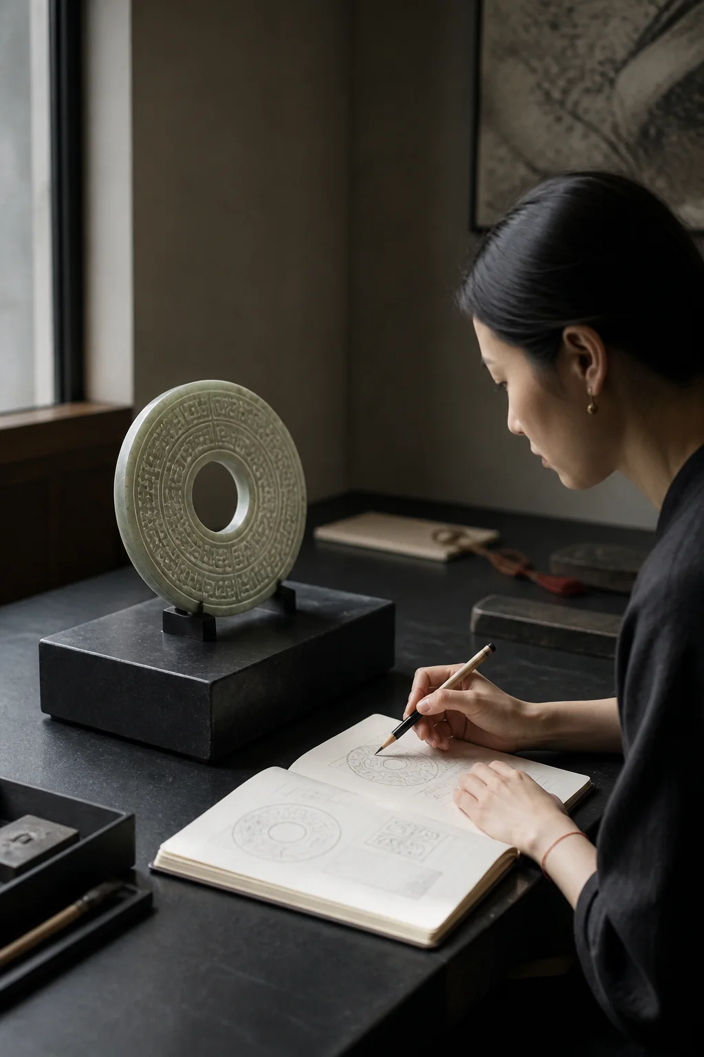 A visitor studying one carved jade disc and sketching its form in a notebook