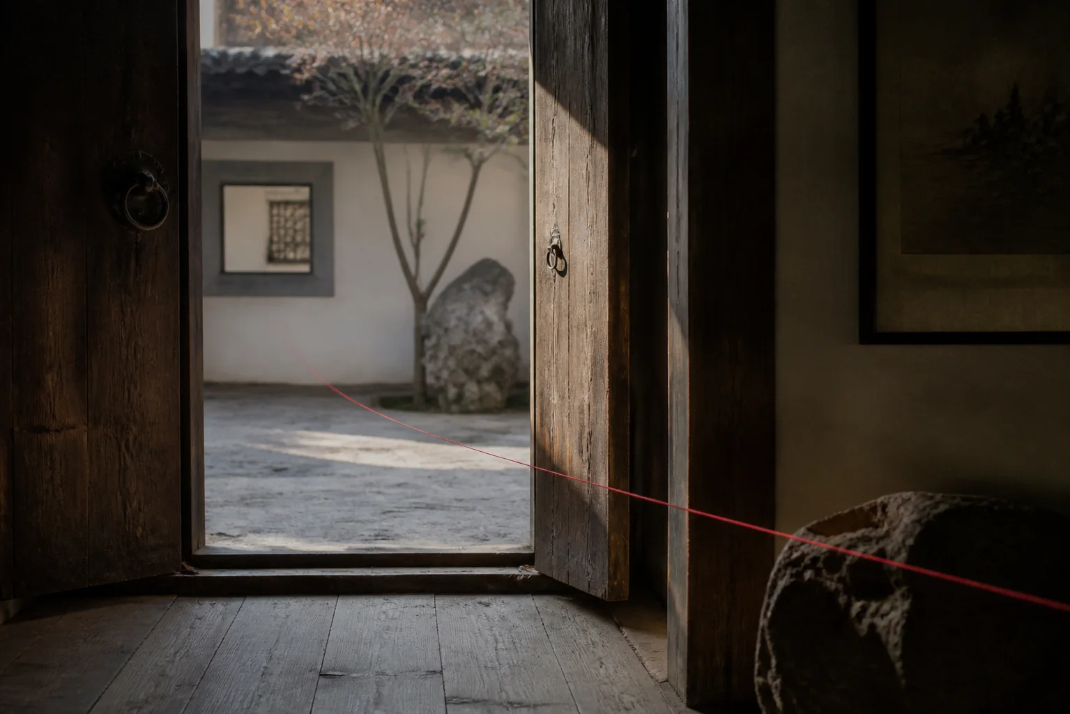 A weathered wooden doorway opening onto a quiet courtyard with a fine red thread crossing the threshold