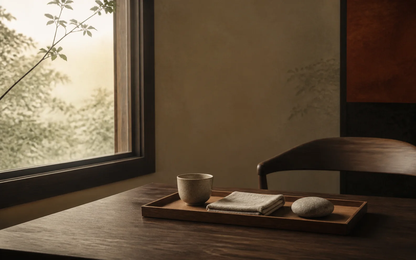 A quiet wooden table with tea, a blank notebook, keys, and a smooth stone beside a window