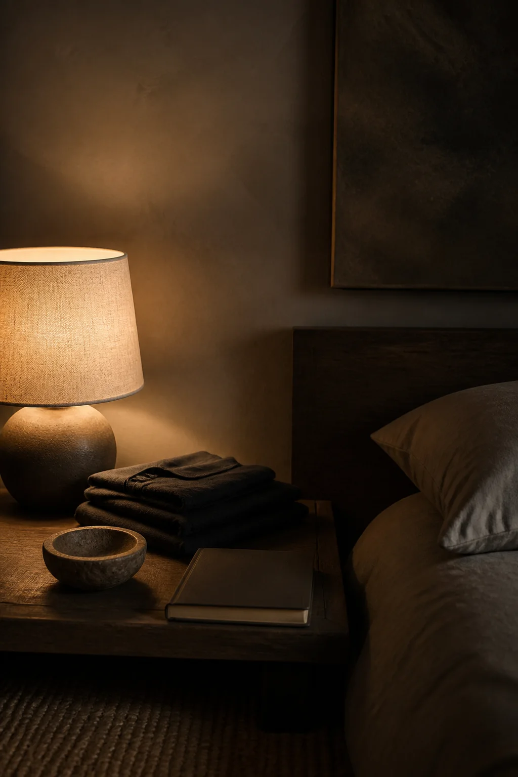 A warm bedside lamp, folded clothing, a stone dish, and a closed notebook at dusk