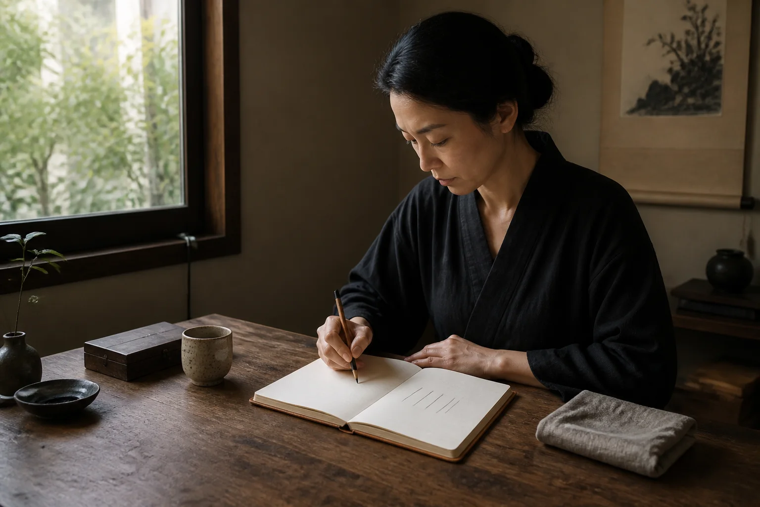 A quiet morning room with an open blank notebook, a ceramic cup, and soft window light