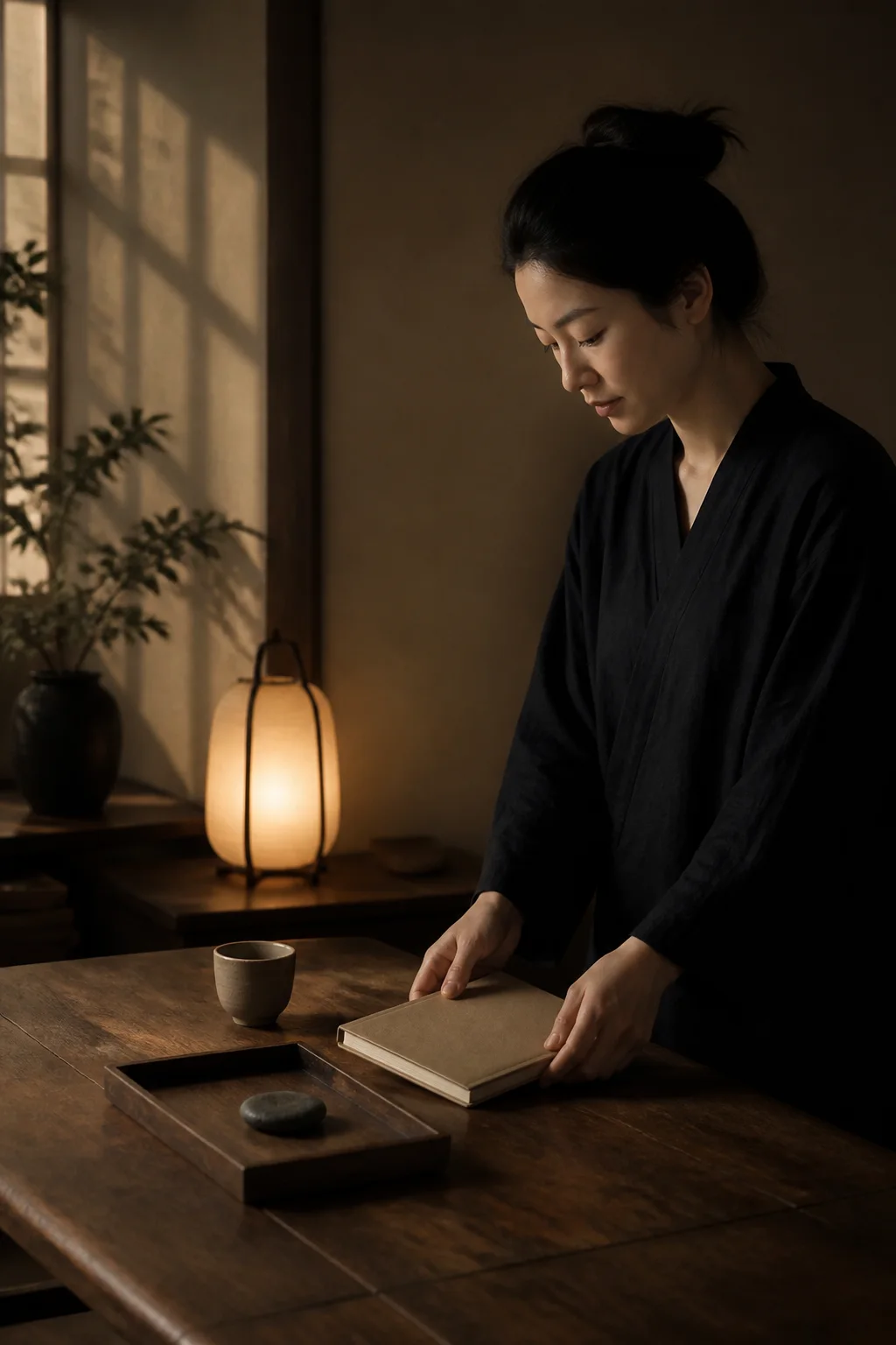 An evening room with a closed notebook, a small stone, folded linen, and a warm lamp