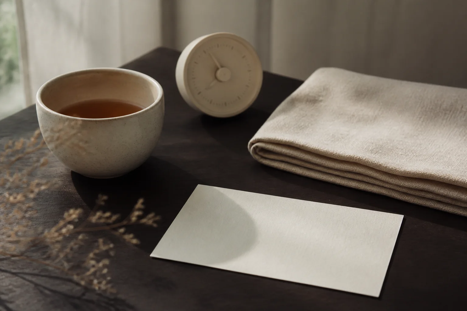 A cup of tea, a simple analog timer, folded linen, and a blank card on a dark desk