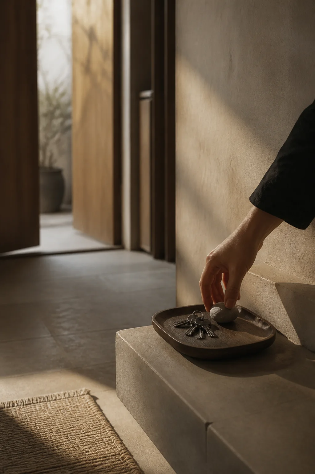 An anonymous hand placing keys and a smooth stone into a shallow tray near a sunlit doorway