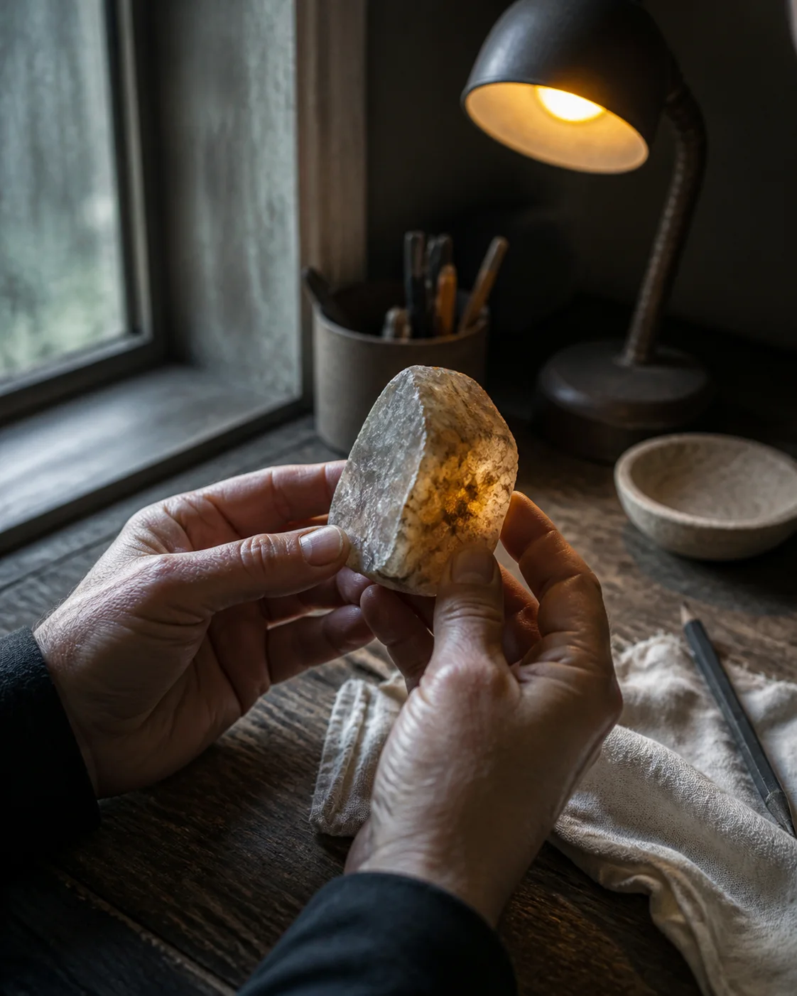 Hands turning a rough stone beneath a window while a small lamp glows nearby