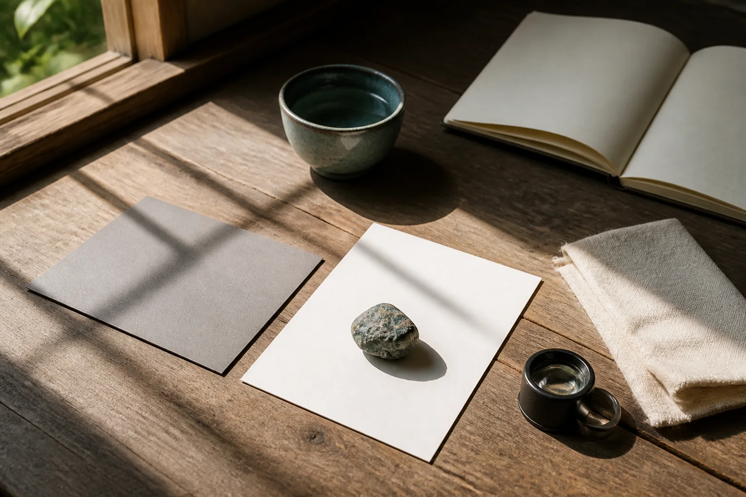 A rough stone, loupe, observation cards, and a pencil arranged on a quiet worktable