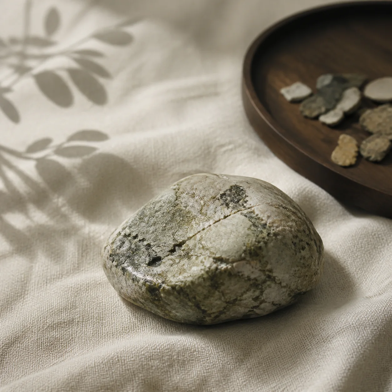 A natural stone resting on pale linen beside a soft pool of window light