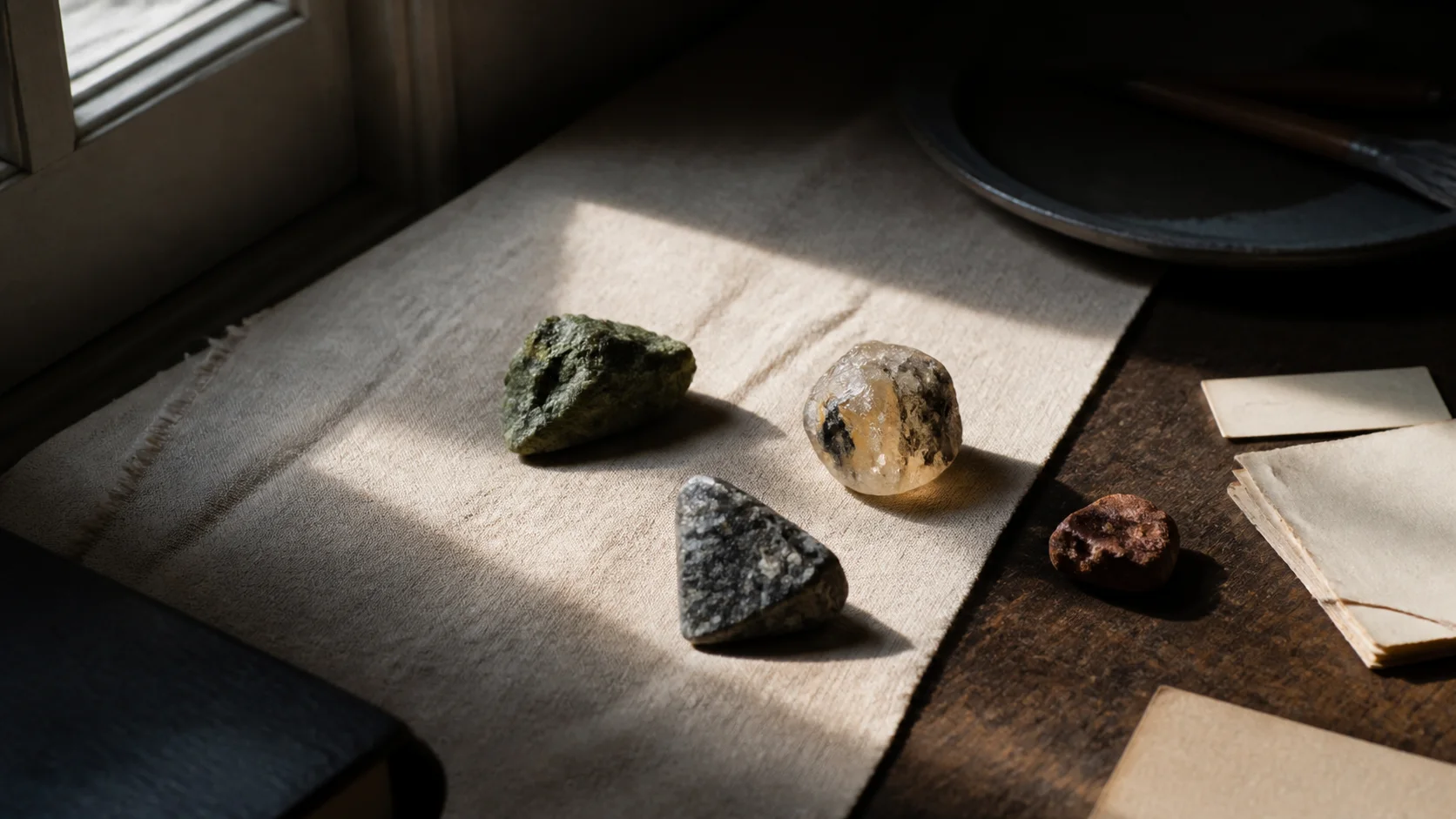 Three natural stones on a wooden table, each crossing a different band of afternoon light