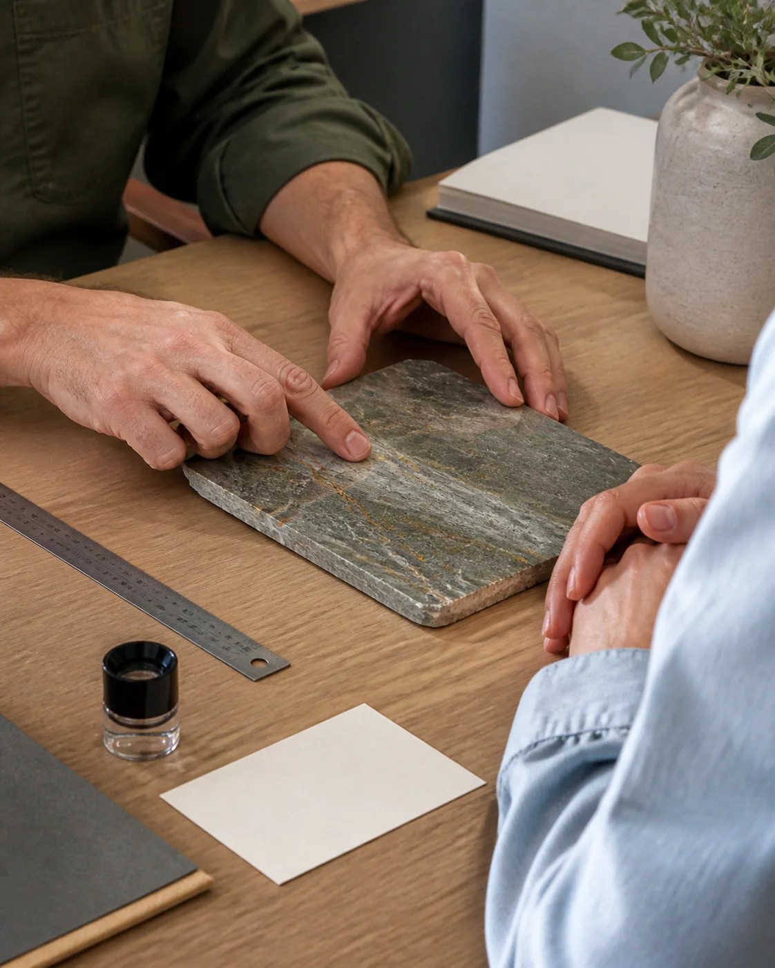 Two people examining a large stone slab with a loupe and hand tools in a quiet workshop