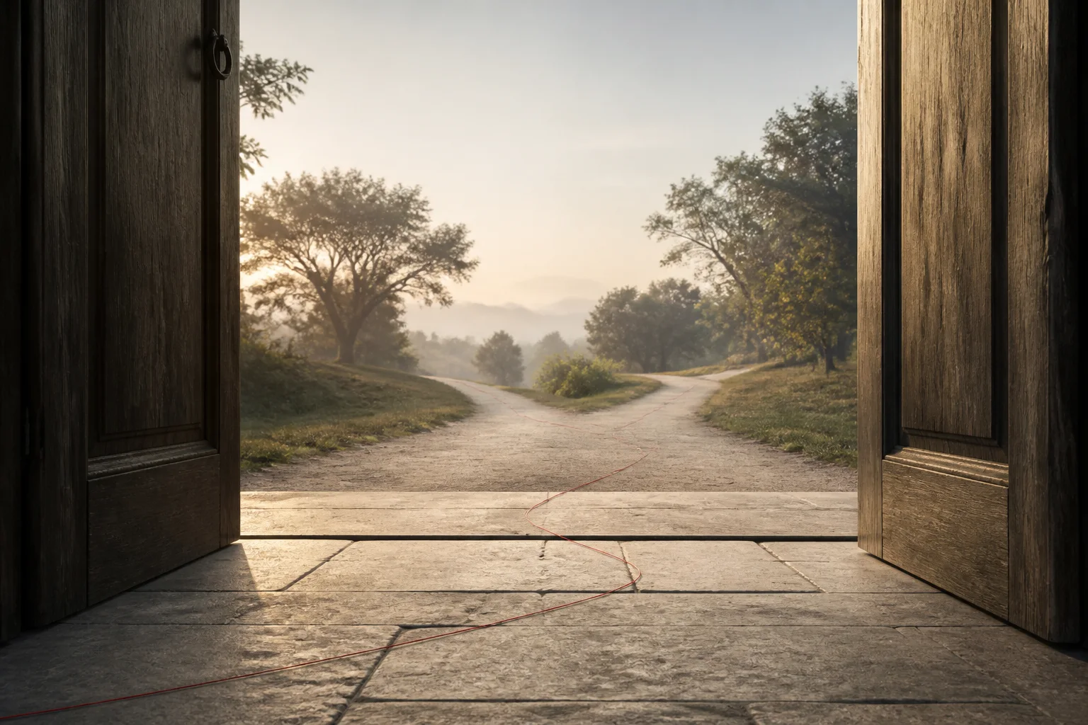 An open doorway leading toward two quiet paths with a fine vermilion thread crossing the threshold