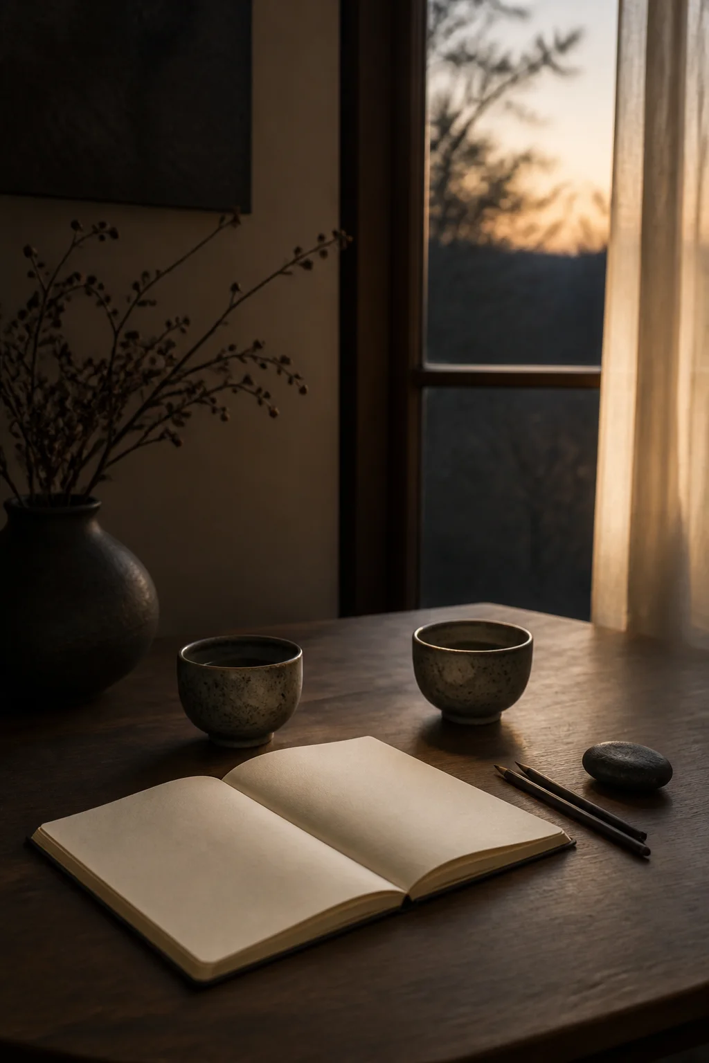 Two ceramic cups, an open blank notebook, and two pencils on a quiet evening table