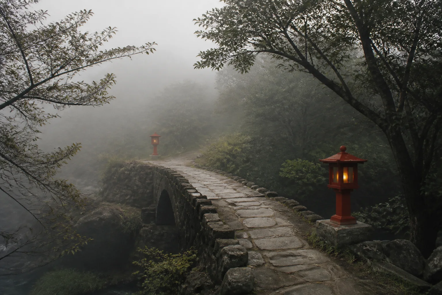 A narrow stone path crossing a misty bridge with two distant red lanterns