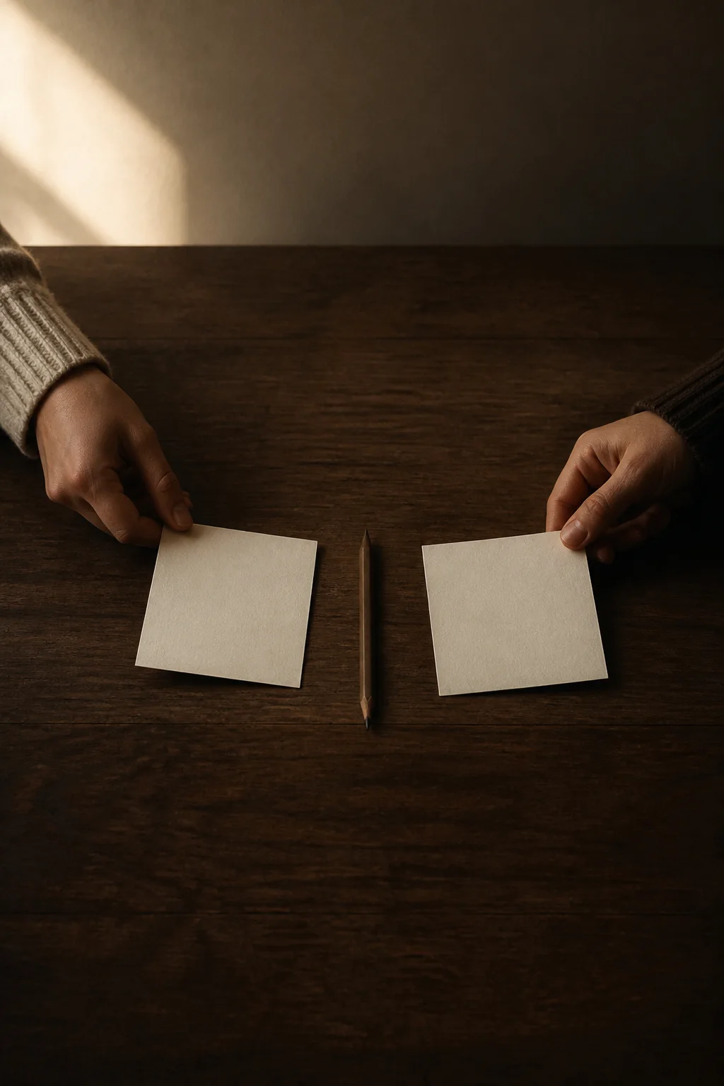 Two anonymous hands placing separate blank cards on opposite sides of a dark wooden table