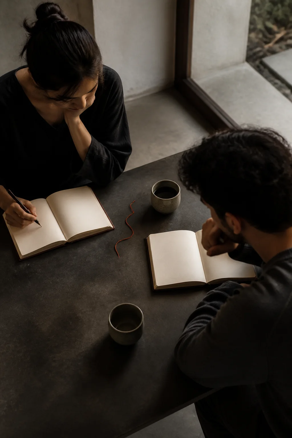 Two people writing separate observations in open notebooks across a quiet table