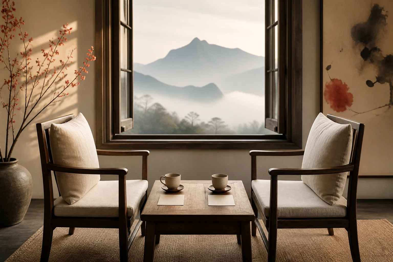 Two wooden chairs facing each other across a small table with blank cards and a misty mountain beyond