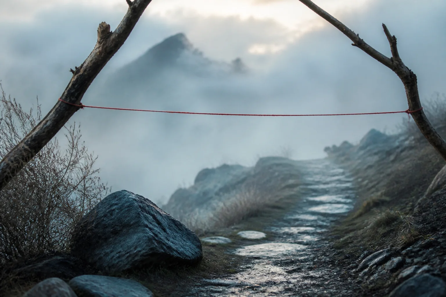 A dark stone path leading toward a soft opening in the distance with a fine red thread across the scene