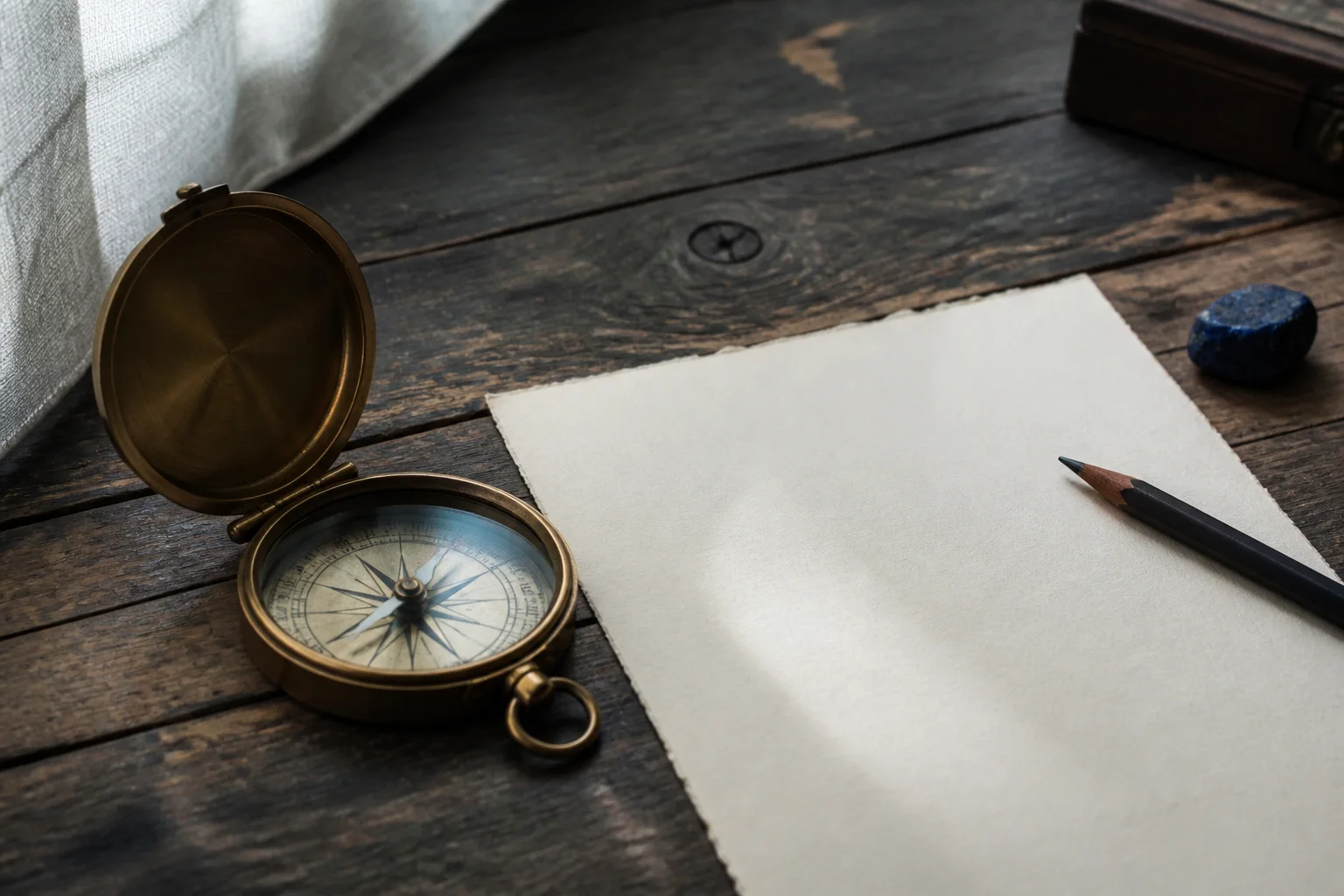 A brass compass beside blank paper, a graphite pencil, and one irregular dark-blue stone