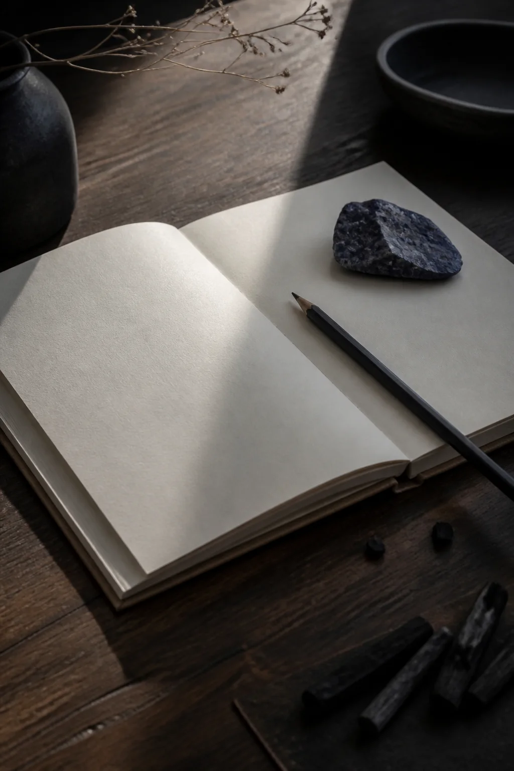 An open notebook with an irregular blue stone and pencil on a quiet wooden desk