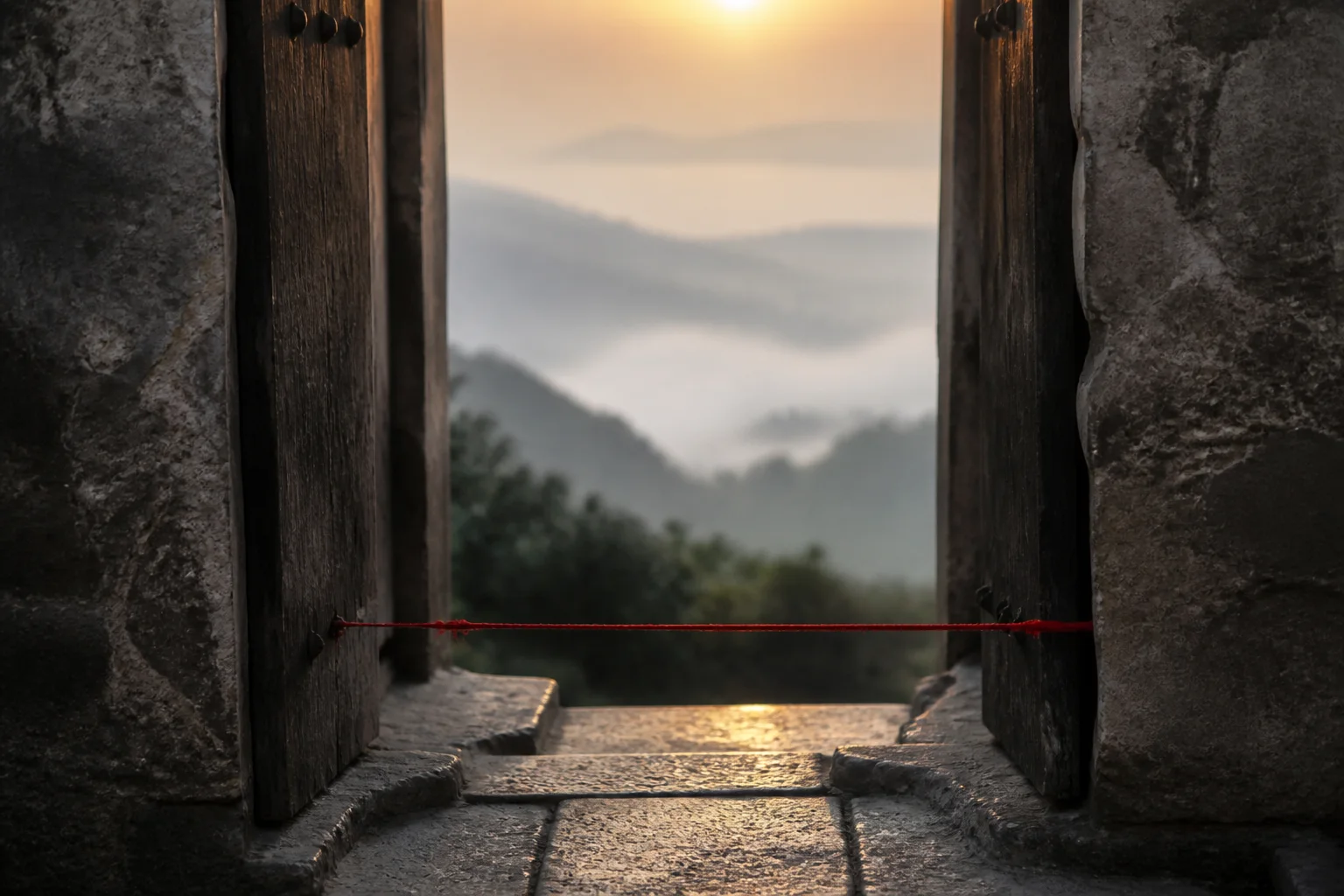 A narrow doorway opening onto morning light with a subtle red line crossing the threshold