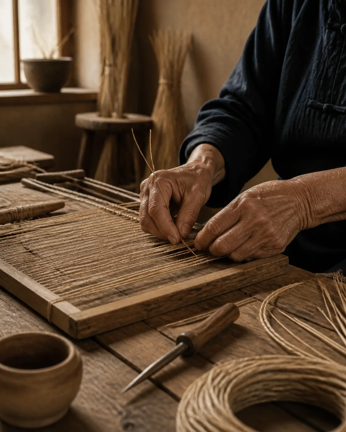 An older maker's hands weaving natural fiber at a wooden table in a warm workshop