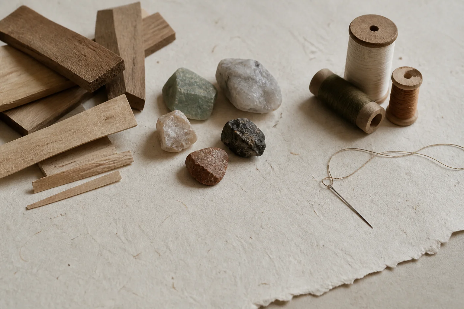 Raw wood offcuts, mineral fragments, thread spools, and a needle on handmade paper