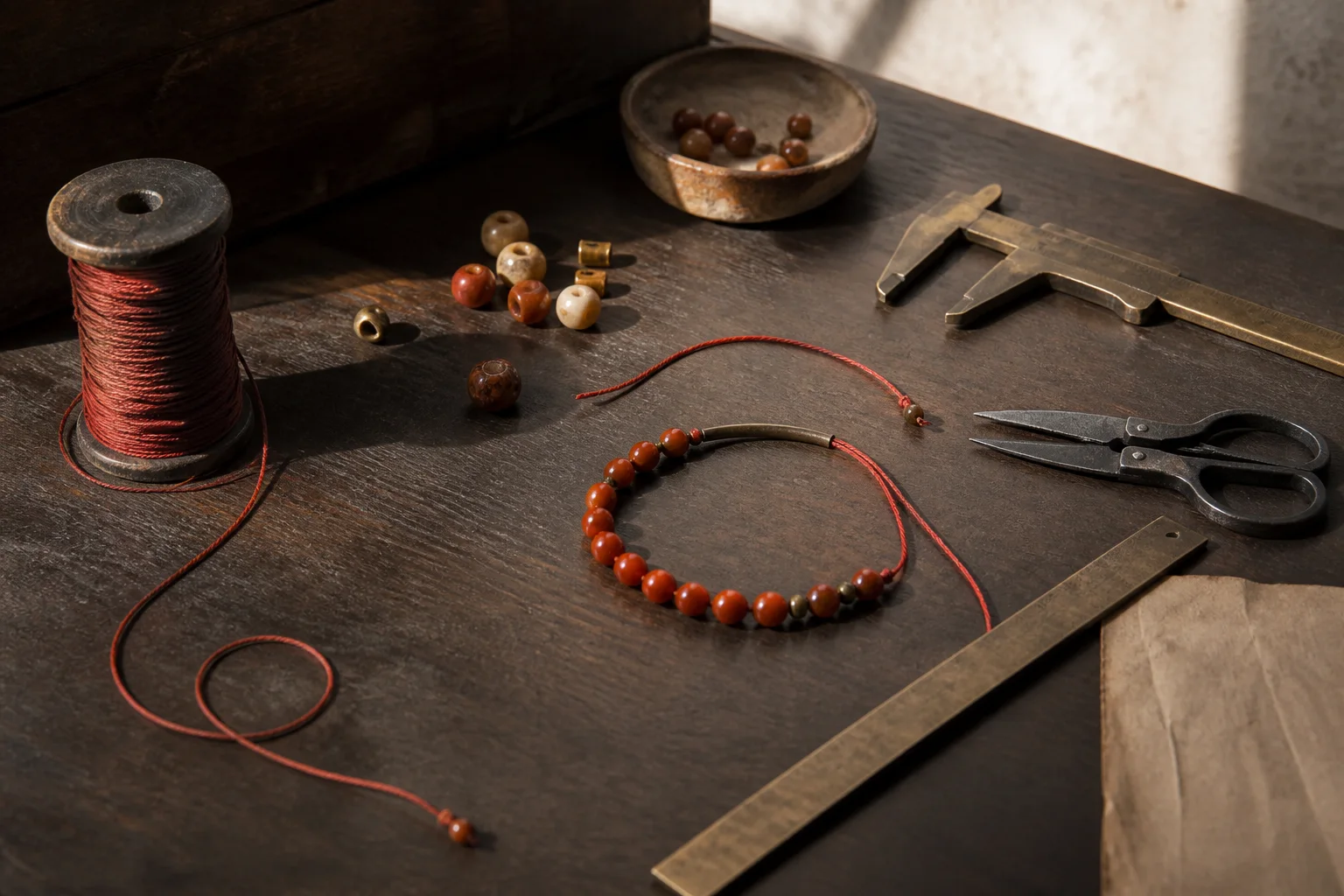 A maker's worktable with red cord, loose stone components, calipers, scissors, and an unfinished bracelet form