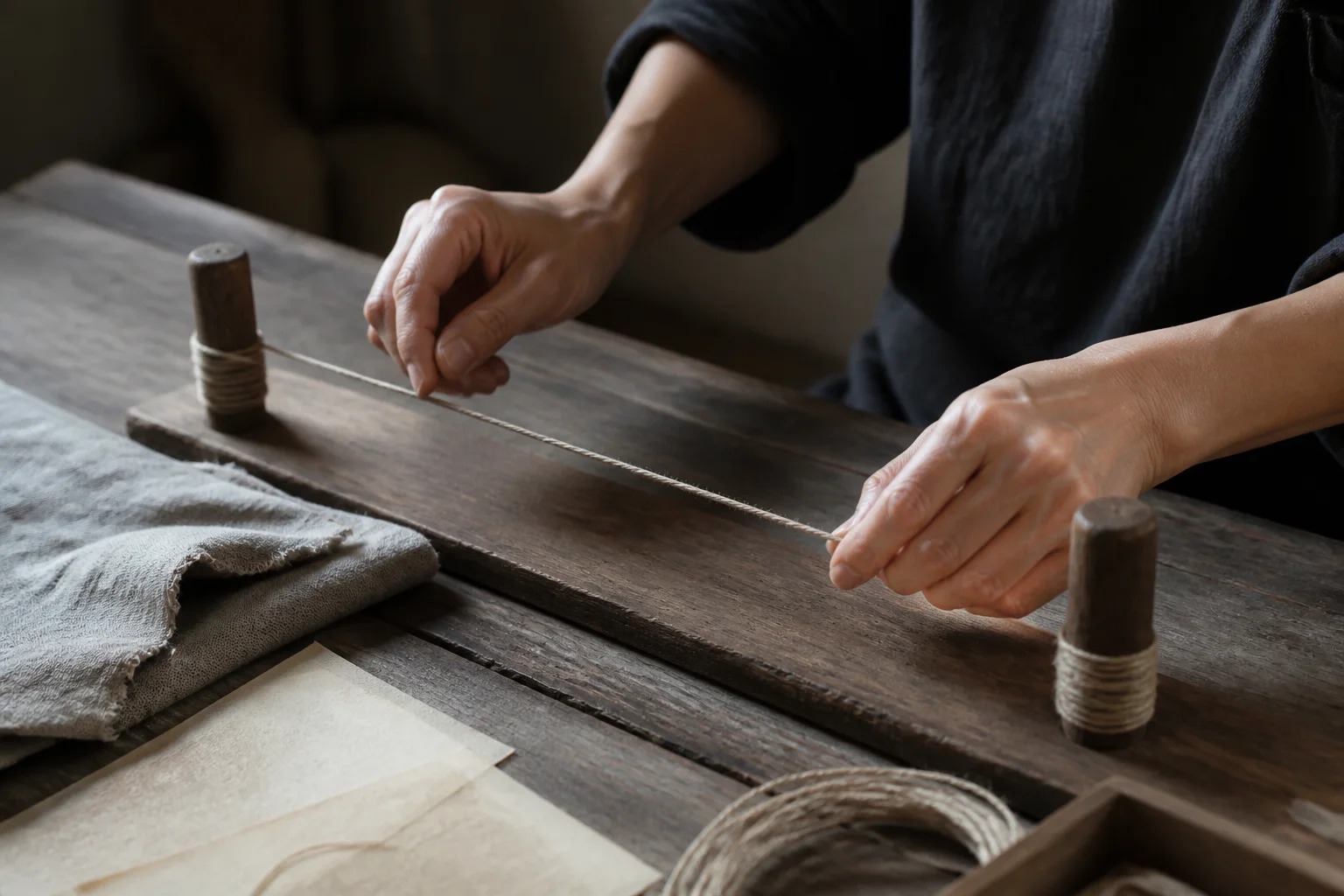 Artisan hands measuring and tensioning natural cord between wooden pegs