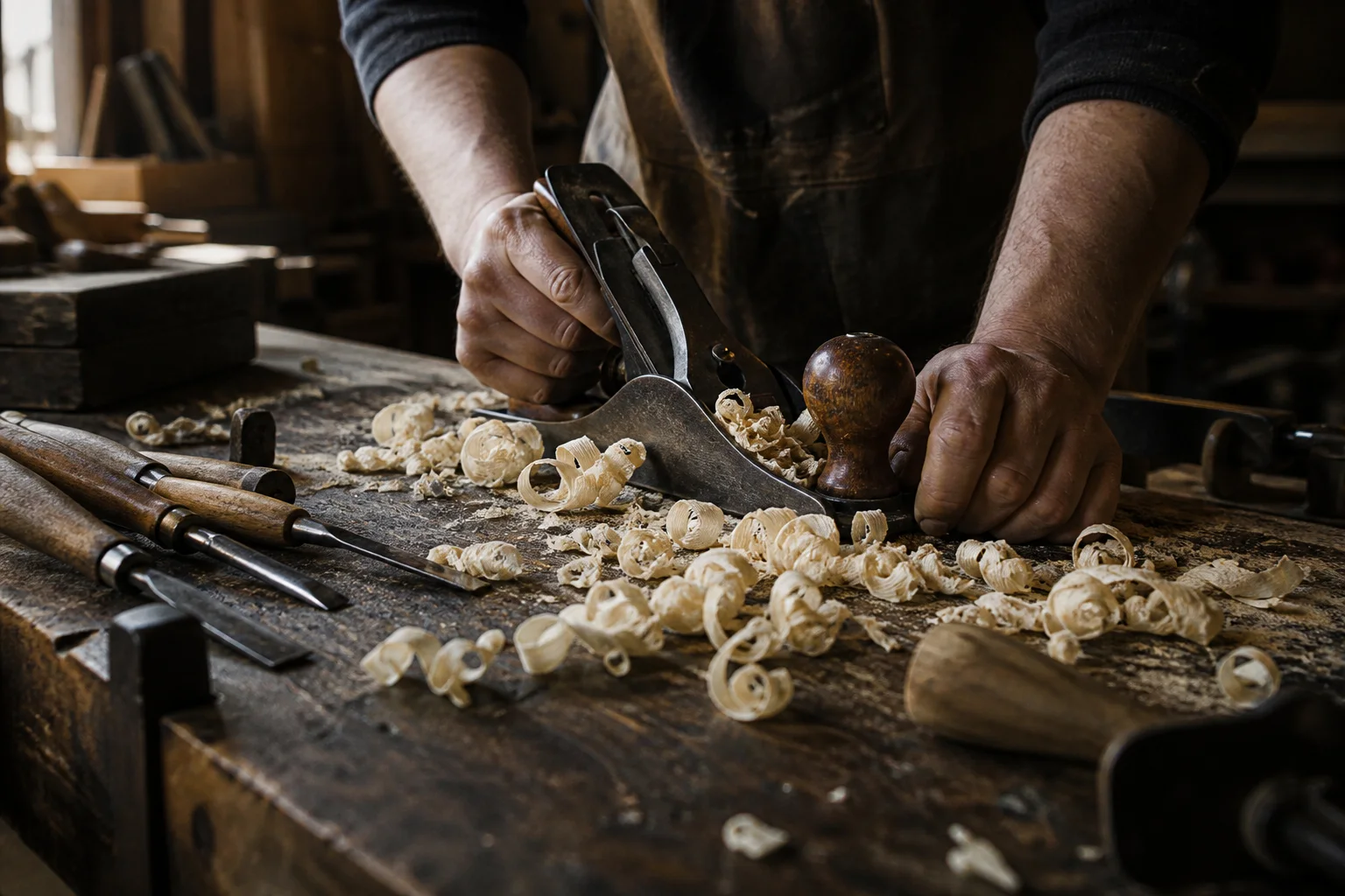 Fresh wood shavings and hand tools spread across a worn dark workbench