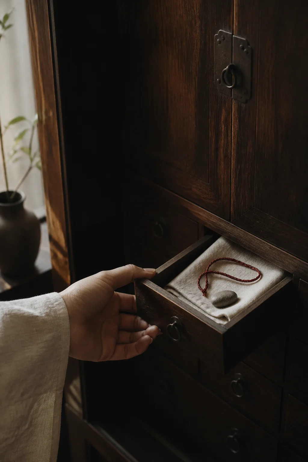 A hand opening a dark wooden drawer to reveal a vermilion cord and stone resting on folded ivory cloth