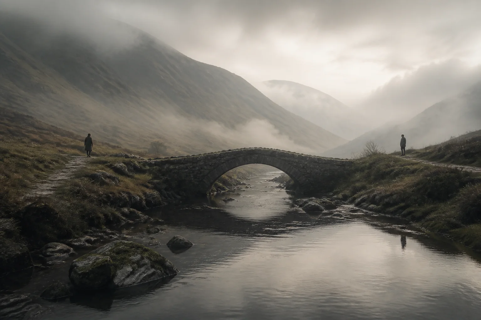Two distant figures standing at opposite ends of an old stone bridge over a river