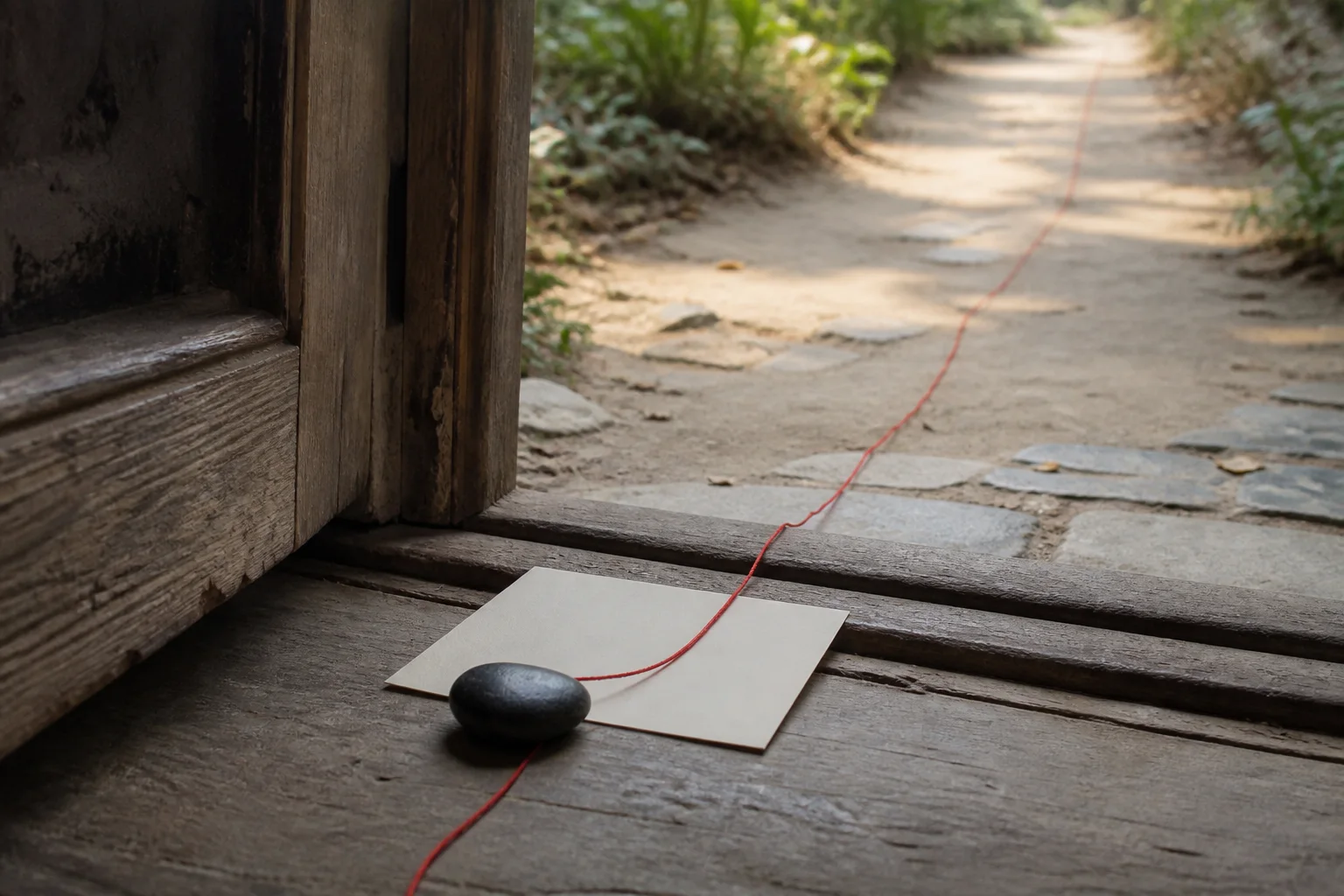 A dark stone and blank card resting at a wooden threshold with a vermilion thread leading toward a sunlit path