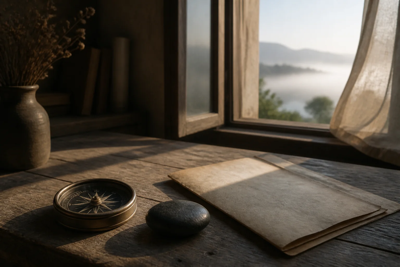 A weathered compass, dark stone, and folded blank paper beside an open window